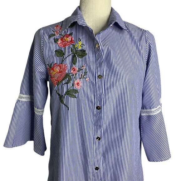 Embroidered Tunic Shirt Dress S Blue Striped Floral Button Down Bell Sleeves - Picture 1 of 8